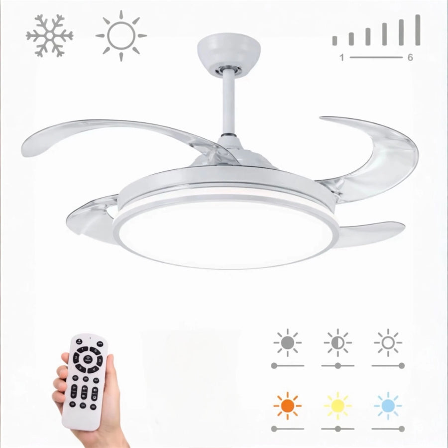 Retractable Blades Ceiling Fan with LED Light 36W, remote control, and winter mode for efficient air distribution, featuring 6 speeds and 3 light temperatures (3000K-6500K) for a modern touch in your home.