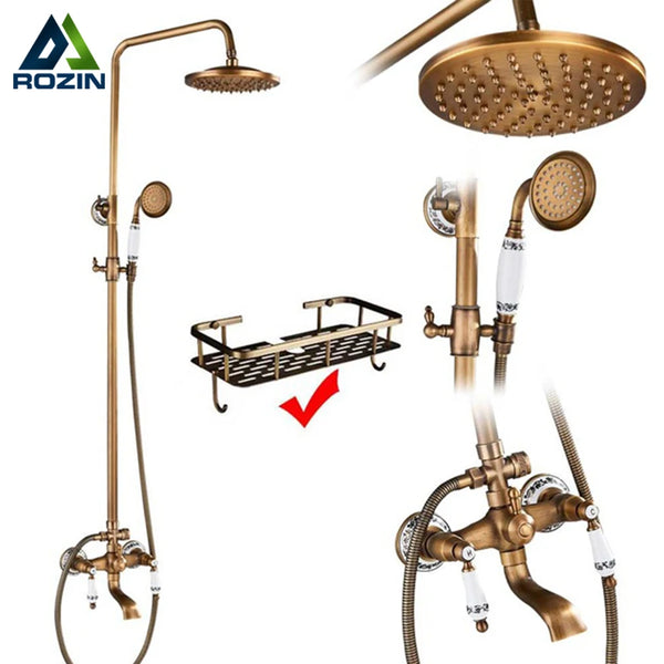 Brass Antique Shower Faucets Set  Porcelain Ceramic Shower Column Swivel Rotate Bath Spout Dual Knobs Mixer Tap Bath Shower Kit