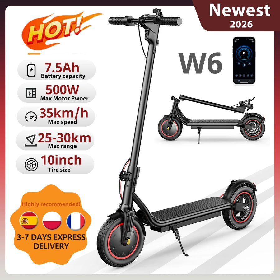 10 inch W6 Electric Scooter 500W Motor 36V 7.5Ah  25-30km Range Inflatable Tire Speed 35km/h rear Disc Brake e Scooter With App