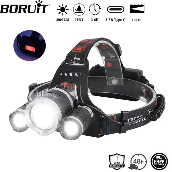 BORUiT RJ-3000 LED Headlamp 3000LM Powerful Type-C Rechargeable Headlight Waterproof Fishing Camping Head Torch Lantern