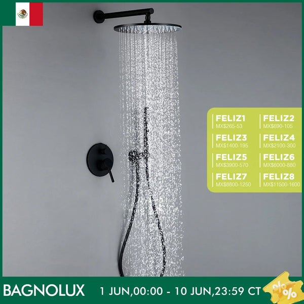 Black Shower System Set Bathroom Faucet Mixer Diverter Tap Brass Ceiling Or Wall Arm Handheld Spray With 8-16