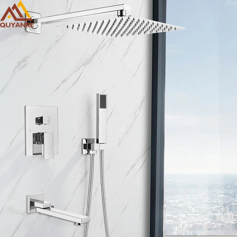 Quyanre Wall Mount Bathroom Rain Waterfall Shower Faucets Set Concealed Chrome Shower System Bathtub Shower Mixer Faucet Tap